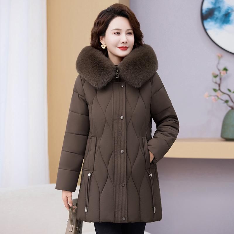 

Зимние пальто больших размеров для женщин среднего и пожилого возраста, хлопковые пальто средней длины для мам, большой меховой воротник, с капюшоном и утепленные хлопковые куртки 4XL