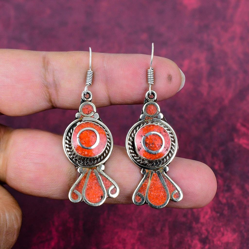 Koralle 925 Massiv Sterlingsilber Nepalesische Ohrringe, Handgefertigte Edelstein-Ohrringe Schmuck, Geschenke für Ehefrau Brandneue Ohrringe