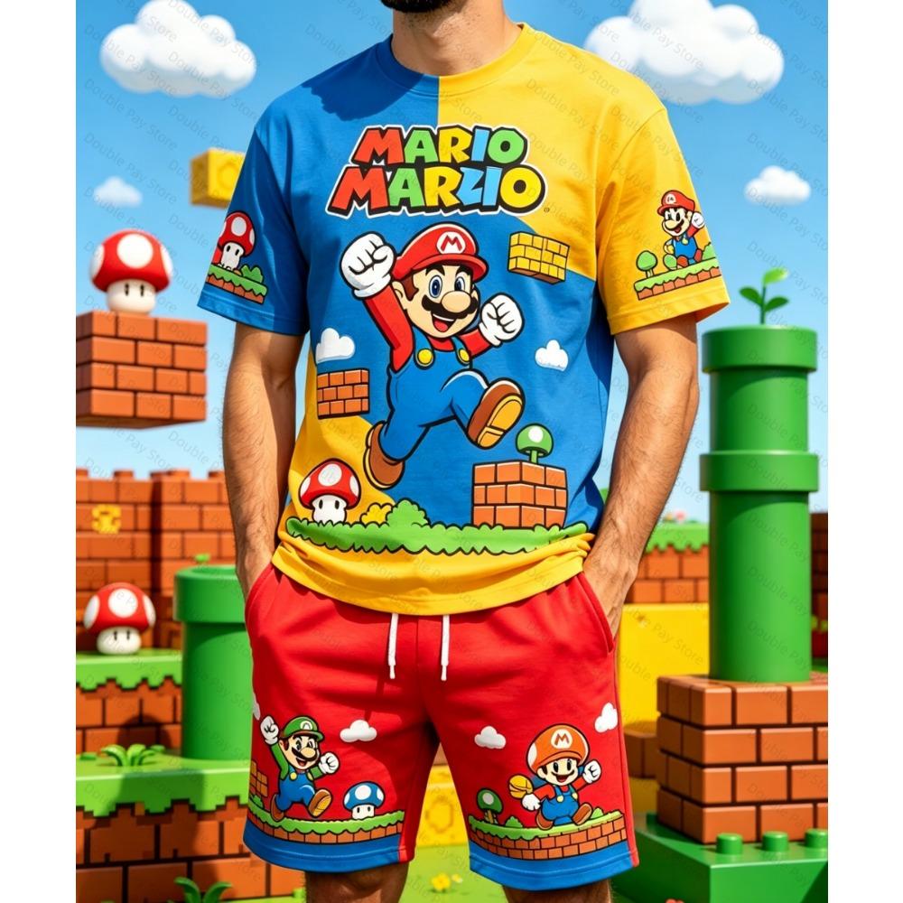 Herren Super Mario Bros 2-teiliges Outfit Cartoon-Aufdruck T-Shirt + Shorts Set Sommer Lässig Streetwear Sportbekleidung Kinder T-Shirt Hosen Set L