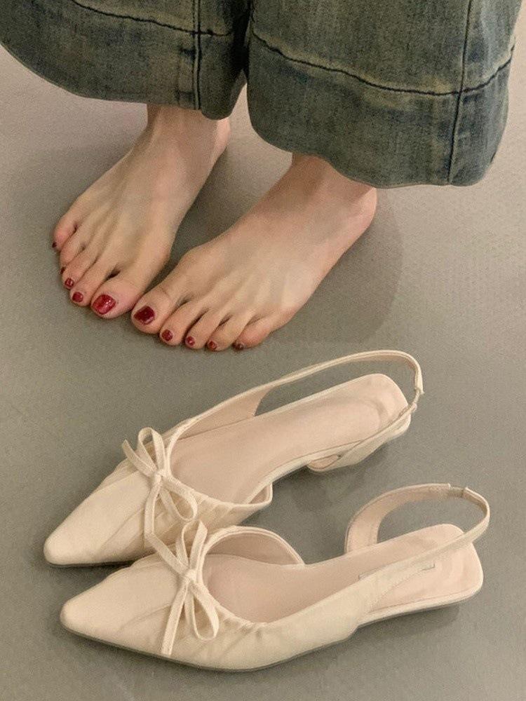 French Evening Breeze Gentle Folds Pointed Toe Bag Head Sandals Women's Spring and Summer Outer Wear Empty Flat Heel