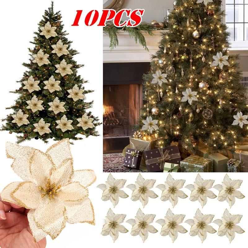 10pcs Christmas Gilded Artificial Flower Pendant Glitter Artificial Flower Christmas Tree Ornament Christmas Decorations