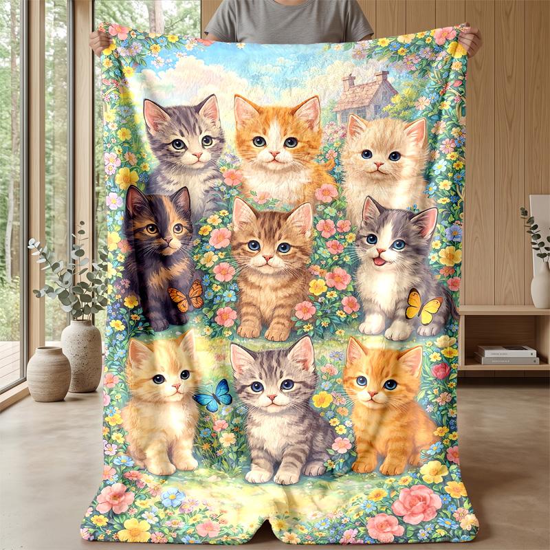 Cute Kitten with Dragonflies blanket Personalized Name Flannel Blanket Soft Cozy Plush Throw for Sofa Bed Lightweight Home Decor