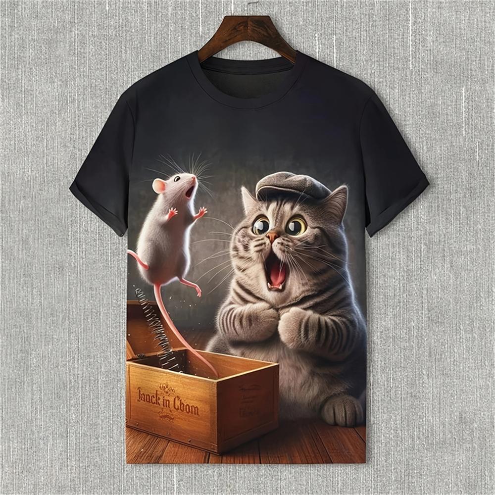 Summer Round Neck 3D Cute Cat Print Top Fashionable Casual Short Sleeved Men's T-shirts