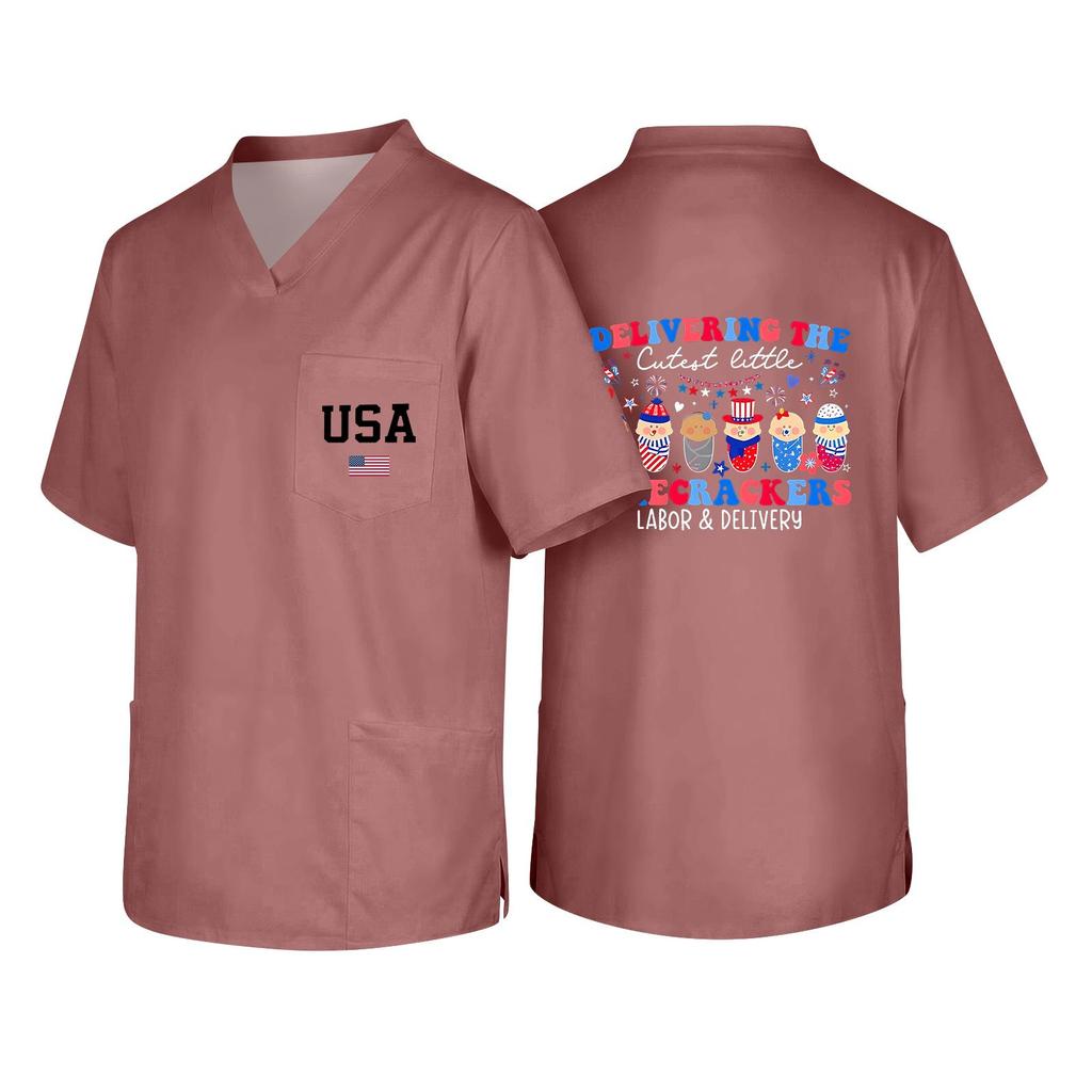 Men's V Neck Work Shirt Short Sleeve Pocket Top with USA Print Suitable for Healthcare and Labor Day Uniforms