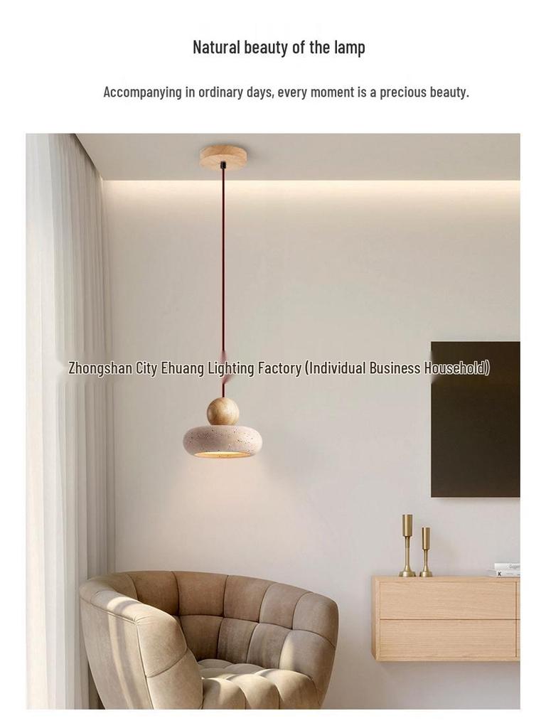 Retro Wabi-Sabi Yellow Travertine Pendant Light - Small Bedside Lamp for B&B or Bar, Solid Wood Round Ball Design