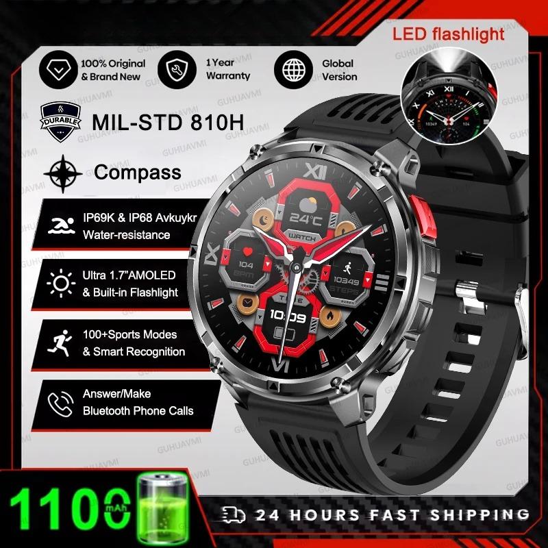2026 New 1100mAh Battery Outdoor Ultra Durable Men Smartwatch Flashlight Heart Rate Bluetooth Call 5ATM Waterproof Sports Smart Watch