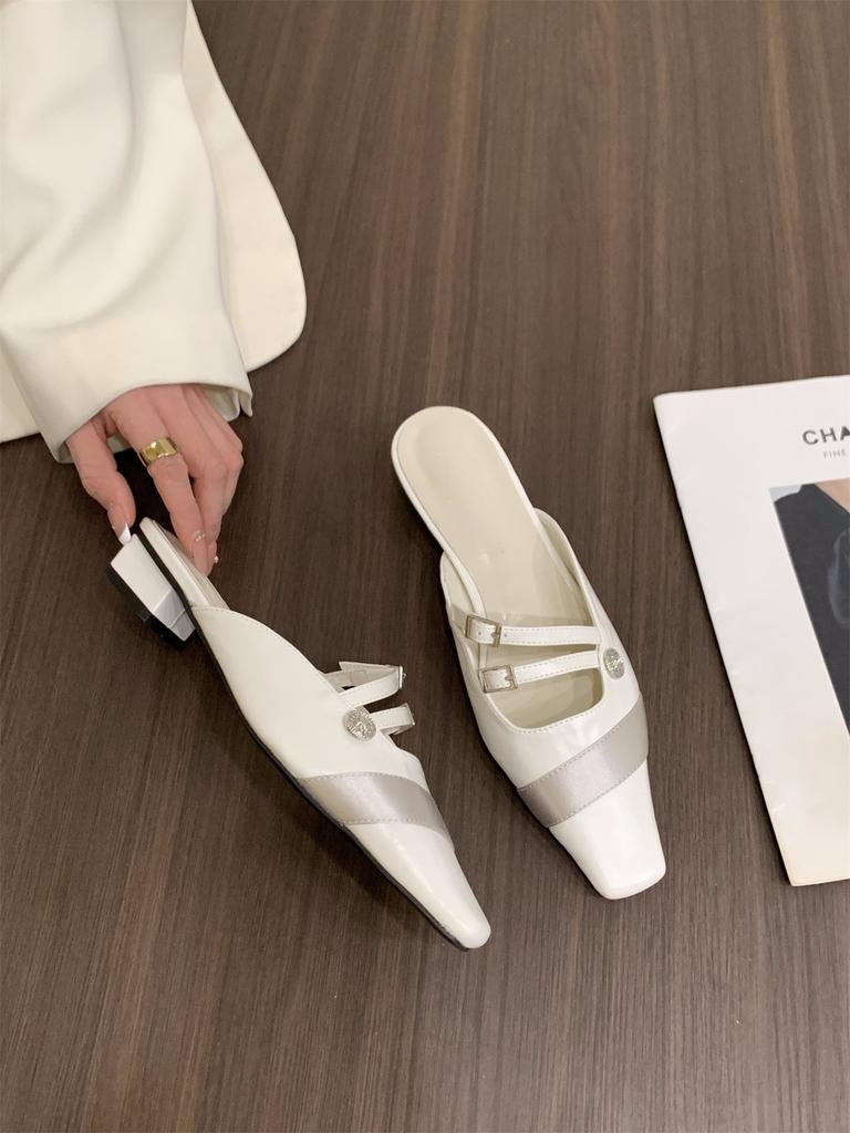 Coarse-heeled silver bag head, half slippers, fairy shoes, 2025 new spring and summer French temperament, half-tray single shoes
