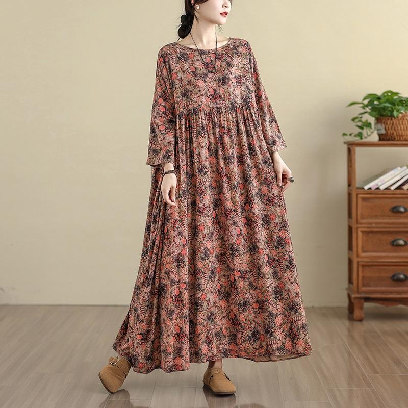 Plus size Cotton vintage floral new in dresses for women casual loose long spring autumn dress