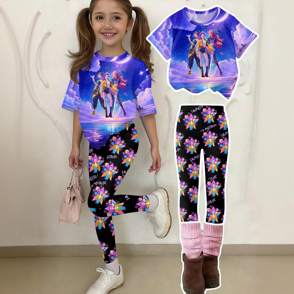 Kids Casual Short Sleeve Top and Leggings Set Lightweight Comfortable Outfit Suitable for Daily Wear and Outdoor Activities