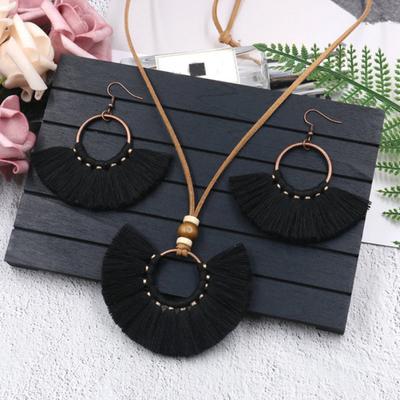 Bohemian Women Round Pendant Fringe Tassel Rope Necklace Earrings Jewelry Set