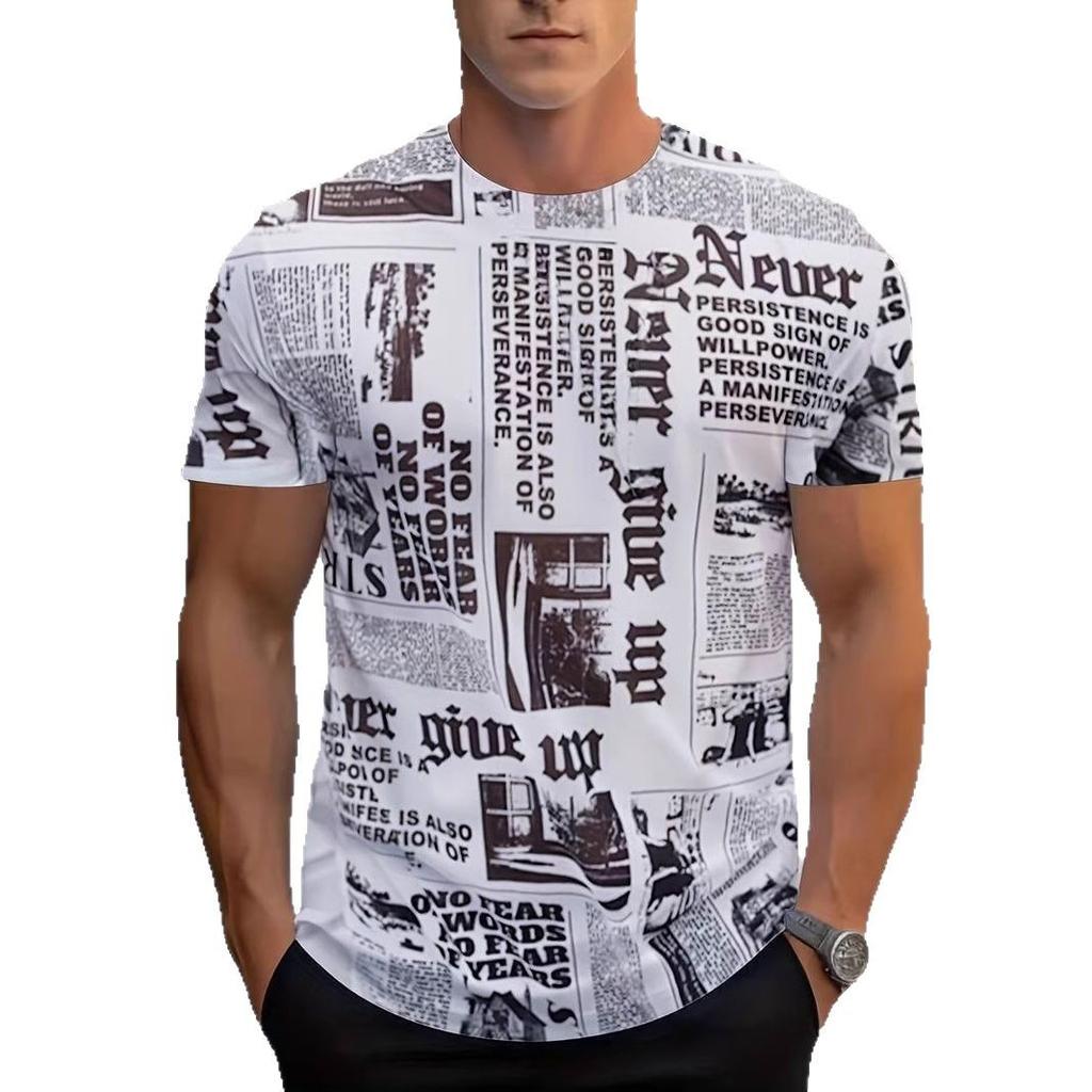 3D Abstract Newspaper Printed Short Sleeved Summer Men's Round Neck Top Men's T-shirts