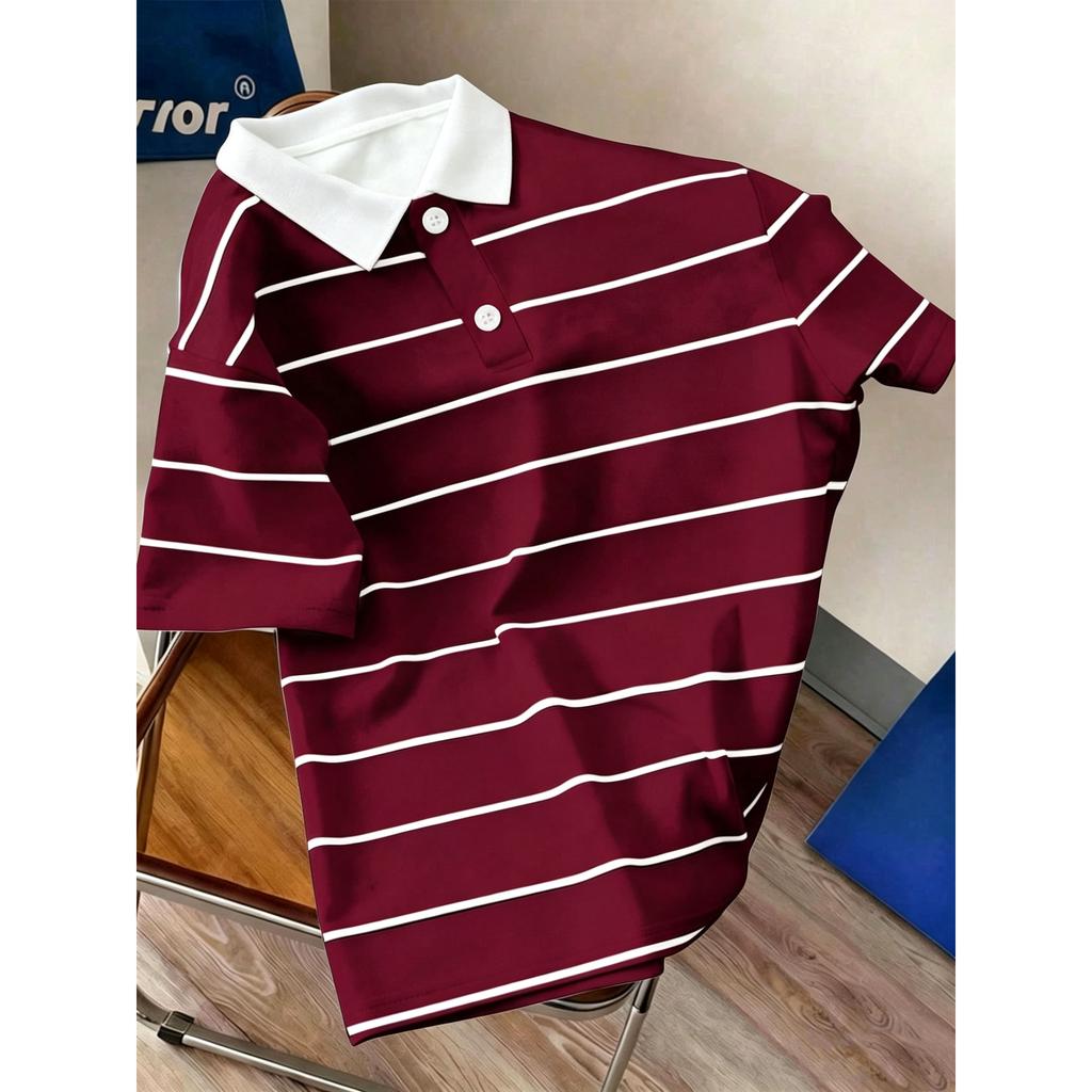 Stylish striped short-sleeve polo shirt, casual and versatile for daily wear.