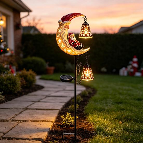 Year Round Outdoor Garden Decor Solar Christmas Stake Light, 31.5 Inch Santa Snowman LED Pathway Lights, Warm Lawn Ornaments Waterproof Metal
