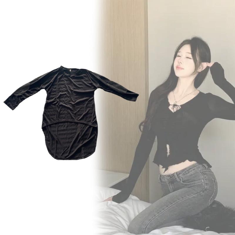 T-shirt da donna con scollo a V in tessuto Tencel a manica lunga, top casual per il comfort