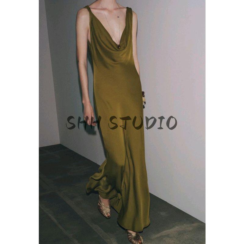 Summer Women's Clothing A- Line Asymmetric Hem Draped V Neck Silk Satin Texture Sling Dress 2590934