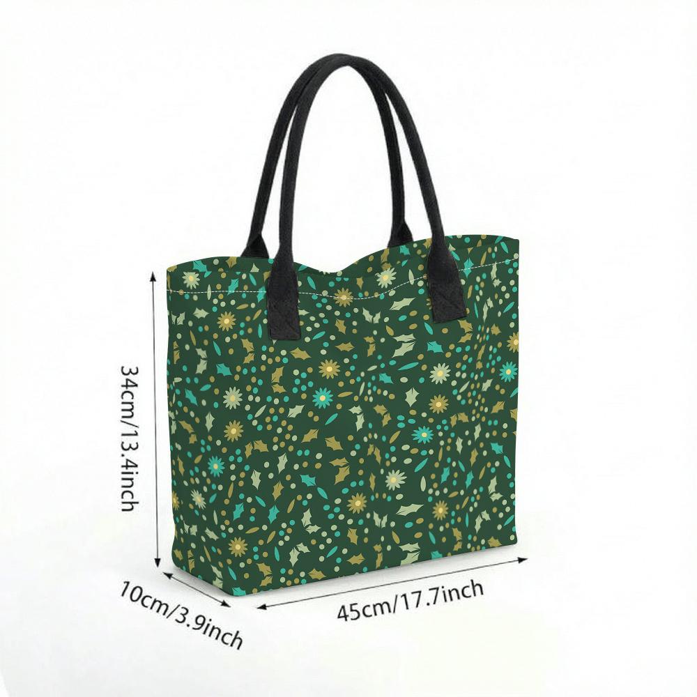  Green Floral Print Canvas Tote Bag Daily Use Casual Shoulder Bag for Women Lightweight Handbag