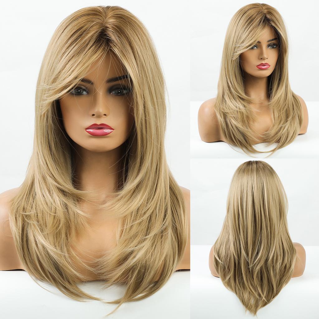 Synthetic Wigs Long Natural Wavy Wig Ombre Brown Golden Highlight Blonde Layered Hair with Side Bangs for Women Heat Resistant