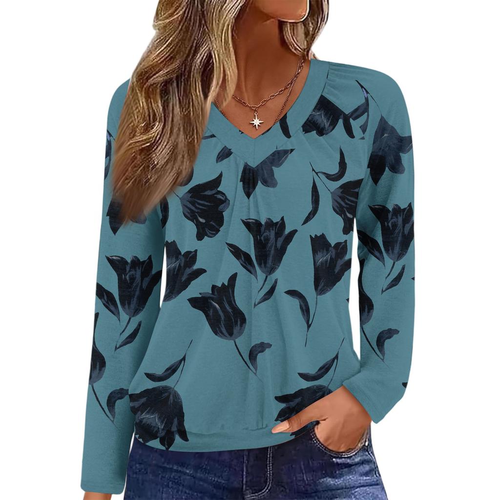 Damen Casual Mode V-Ausschnitt Raglan Plissee Floralprint Langarm Top