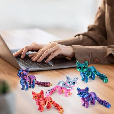 3D-gedruckter Katzen-Schmuck, bewegliche Katzenfigur mit flexiblen Gliedmaßen und Schwanz, Schreibtisch-Deko