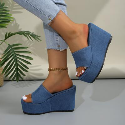 Neu Sommer Frauen Hausschuhe Benim Blau Hausschuhe Plattform Strand Flip-Flops Trend Strand Heels frau Schuhe Keile Gleitet Frauen
