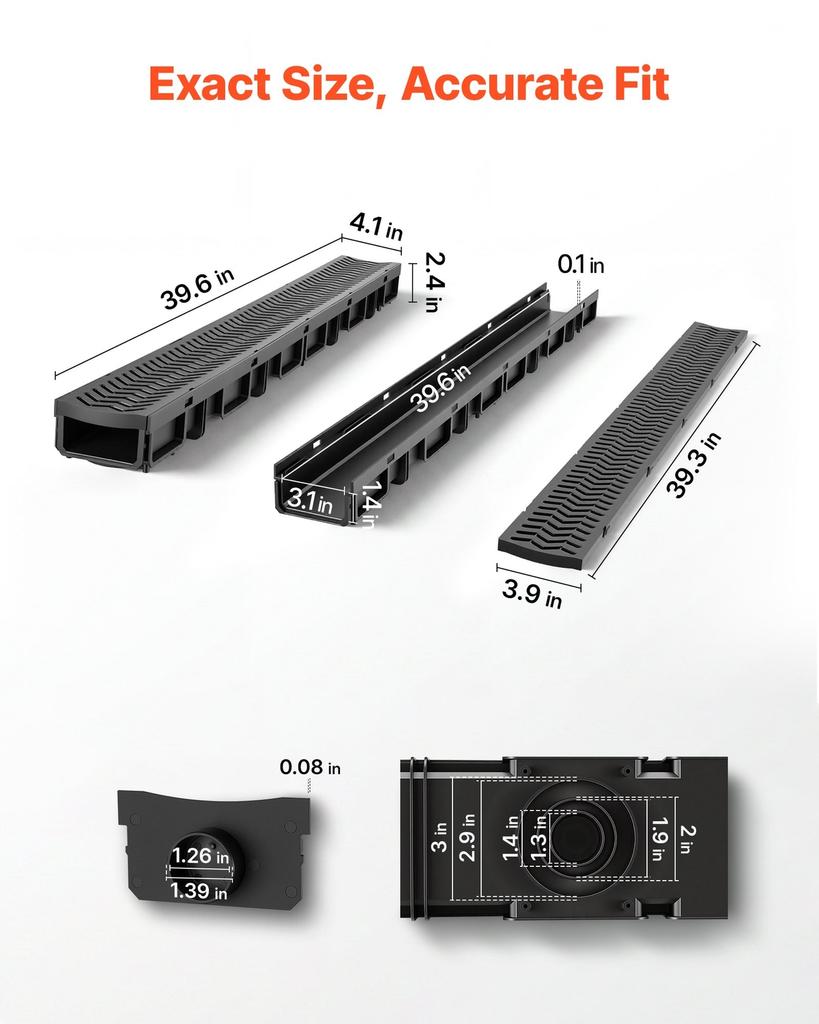 Trench Drain, 1005 x 103 x 62 mm, 6 Pack Linear Drainage Channel, HDPE Channel Drain with Grates & End Caps, Premium Outdoor Drainage System for