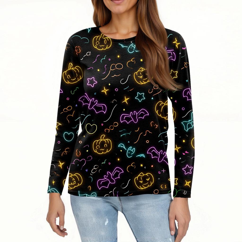 Modisches, lässiges Langarm-Oberteil mit Rundhalsausschnitt und Halloween-Print für Damen