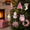Christmas Home Decor 12/24/36Pcs Pink Wooden Ornaments Set, Snowman Santa Hanging Tree Decors, Xtmas Hanigings with Ropes for