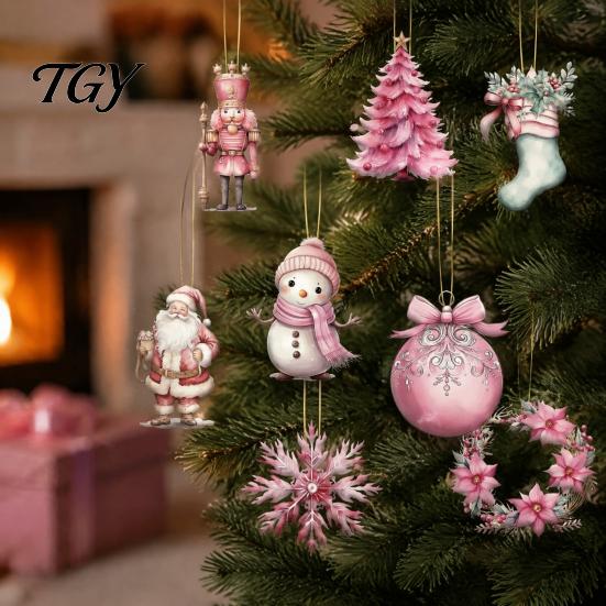 Christmas Home Decor 12/24/36Pcs Pink Wooden Ornaments Set, Snowman Santa Hanging Tree Decors, Xtmas Hanigings with Ropes for