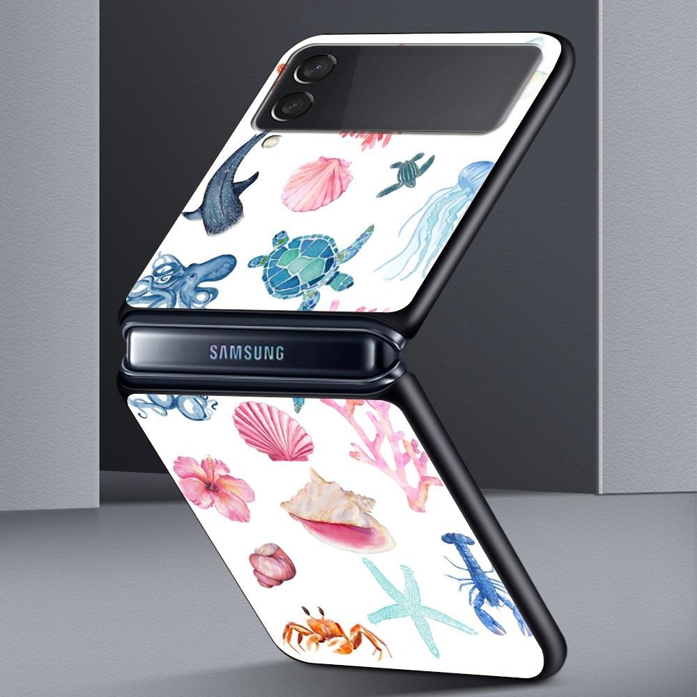 Phone Case for Samsung Galaxy Z Flip 3 4 5 6 7 Folding Black Shell For Samsung Z Flip4 Flip5 PC Hard Cover Ocean Life Theme