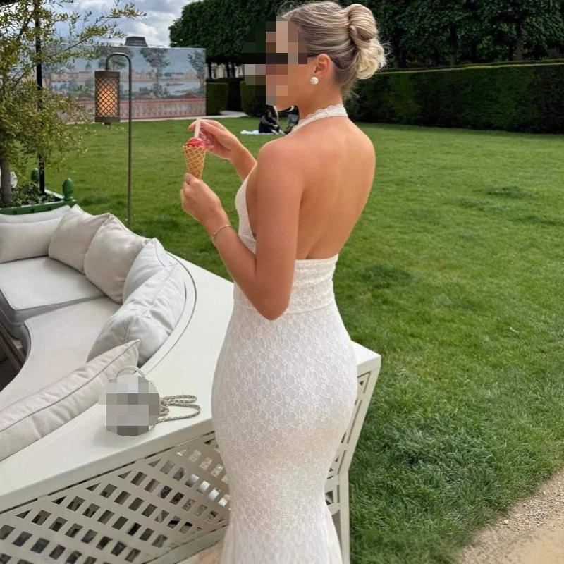 European and American Summer Backless Hanging Neck Seaside Vacation Style V-neck Solid Color Fashionable Dress