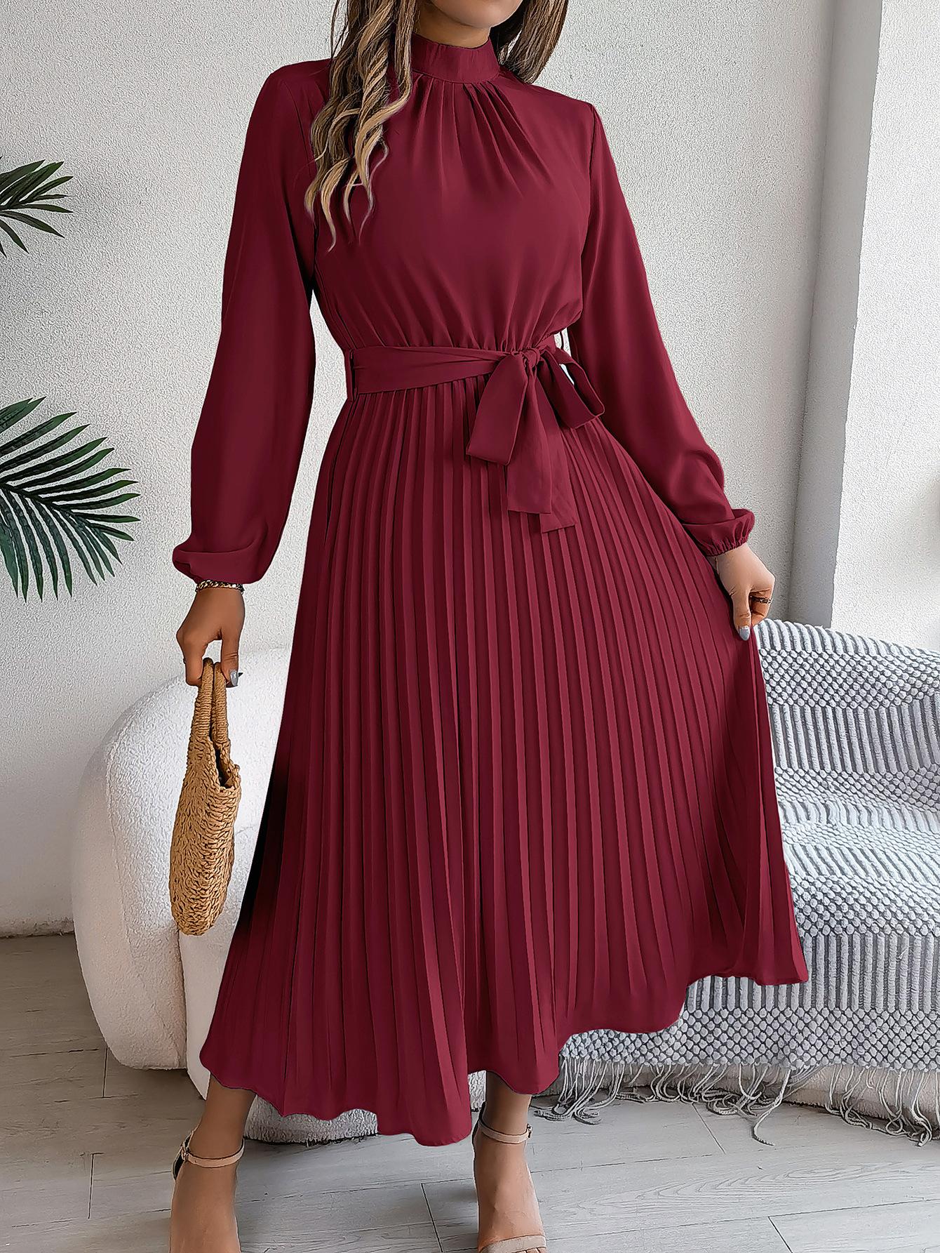 Women Elegant Stand Collar Long Sleeve Waist Cinched Pleated Long Maxi Dress S