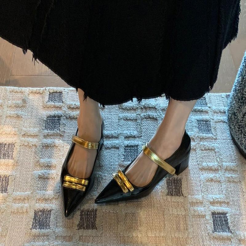 Thick Heel Golden Women Mary Jane Shoes Fashion Pointed Toe Shoes 2025 Spring Ladies Elegant Dancing Party Prom Shoes