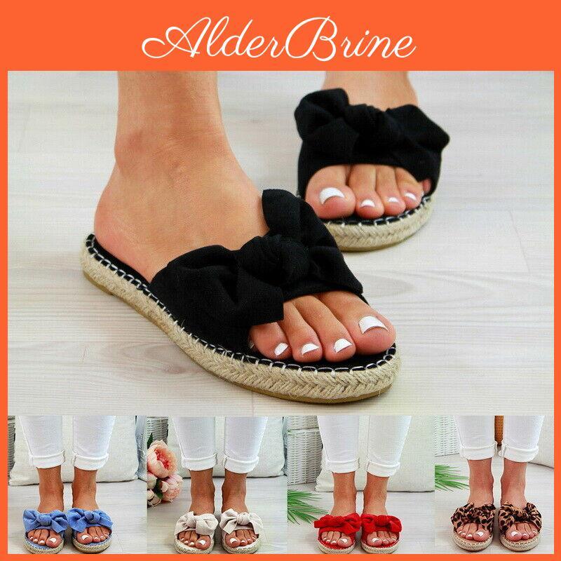 Elegant Women Slip On Sandals Bow Flat Mule Espadrille Shoes Summer Sliders