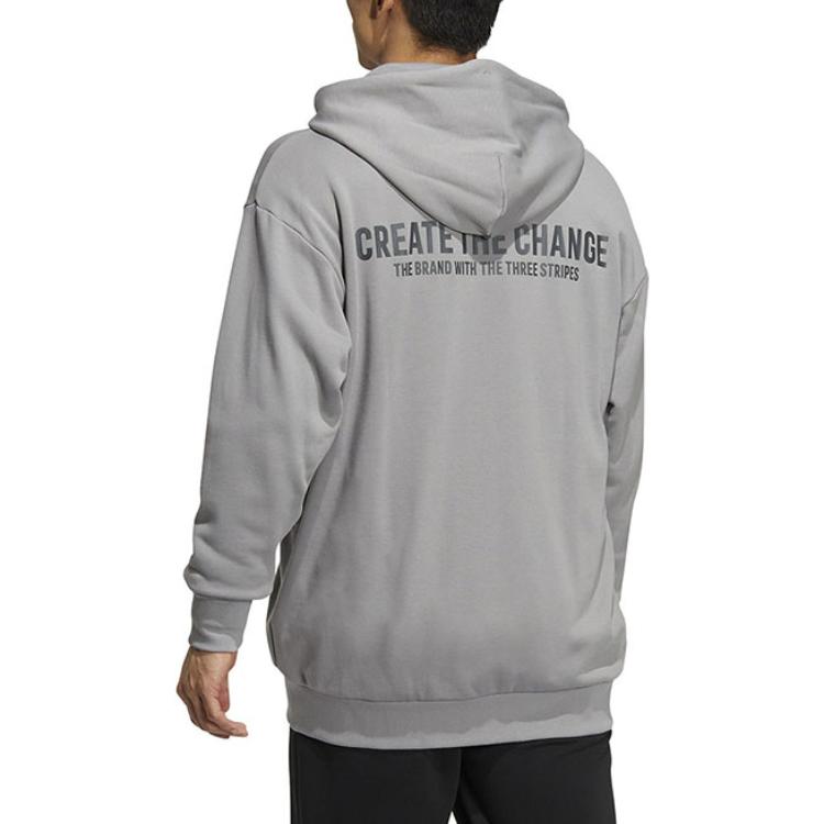 Adidas Letter Print Drawstring Hoodie with Long Sleeves Men Outerwear Light-Grey HZ7027
