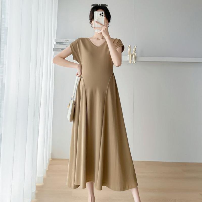 

Maternity collar short-sleeved dress women s summer new temperament loose belly and thin medium and long maternity dress M recommends 80-50kg хаки
