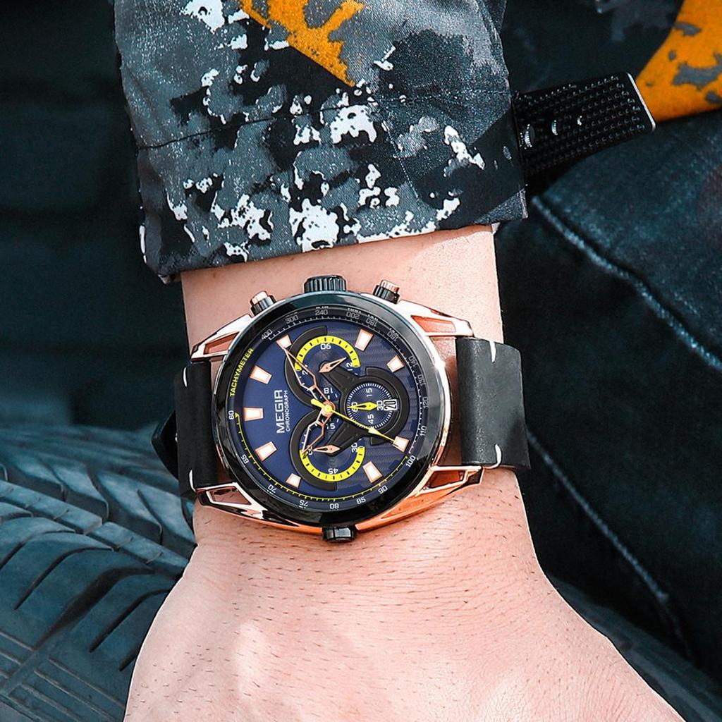 Megir Rose Black Luxury Chronograph Men Watches with Leather Strap