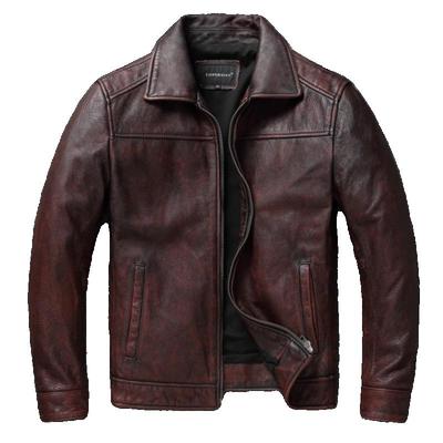 Chinese Size Vintage Red-Brown Men Genuine Leather Jacket Natural Cowhide Short Slim Turn Down Collar Men's Leather Jacket Spring Autumn