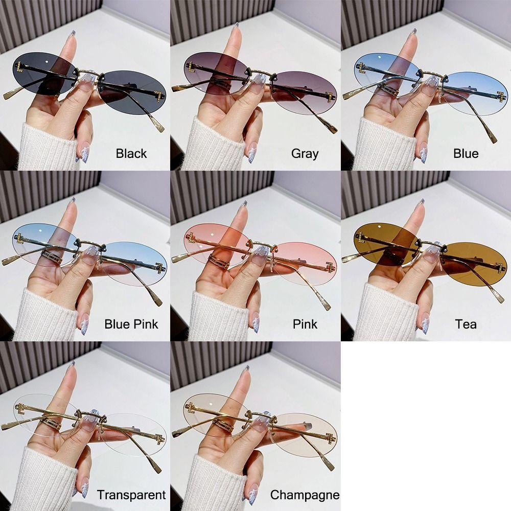 Modische ovale Sonnenbrille für Damen, Luxusqualität, Buchstabendekor, Sonnenbrille, trendige randlose Katzenaugen-Brille, UV400-Schutz, Metall