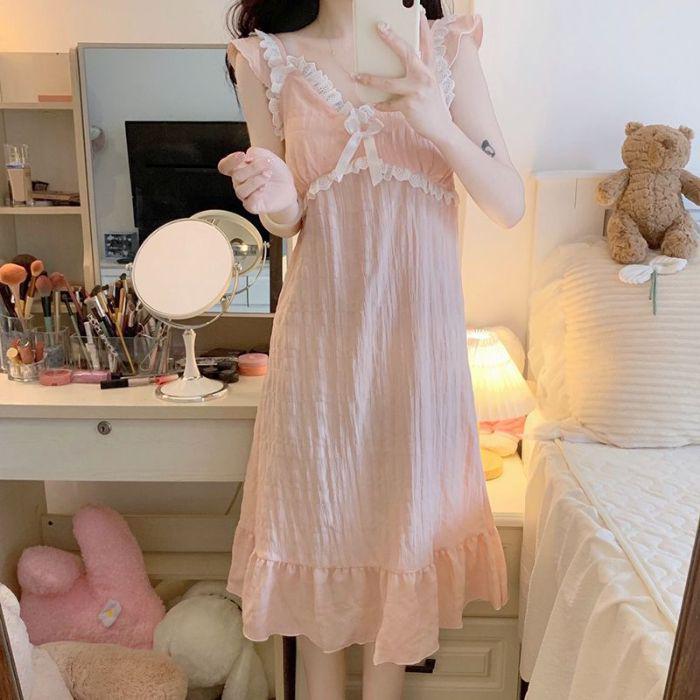 Cămașă de noapte dulce de prințesă, Pijamale de vară din bumbac moale ca un nor pentru femei cu cupe pentru bust