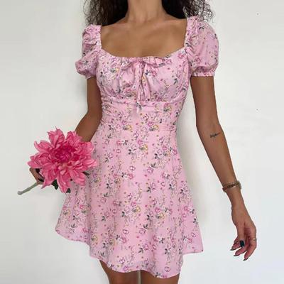 Women Dress Square Neck Elastic Vintage High Waist Pullover Refreshing Flower Print Off Shoulder Backless Summer Dress Female Clothing