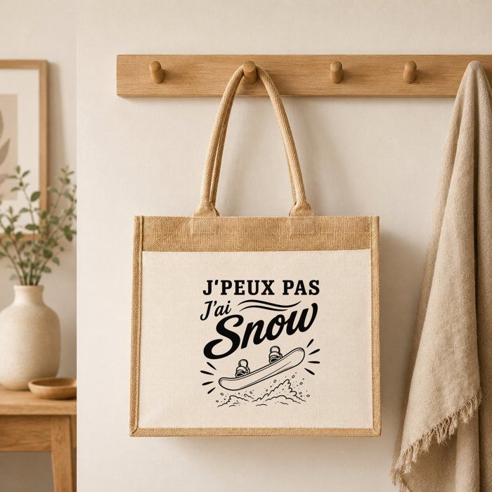 Sac cabas - PLANETEE - J'peux pas j'ai Snow (minimaliste) - Toile jute/coton - 21 L (43×33×21 cm) - Anses 65 cm