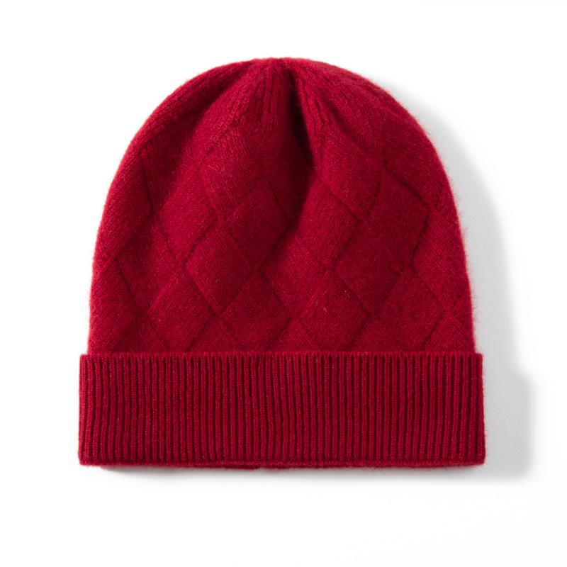 Girls' Artistic Retro Cashmere Diamond Pattern Knit Hat - Solid Color and Warm for Autumn/Winter