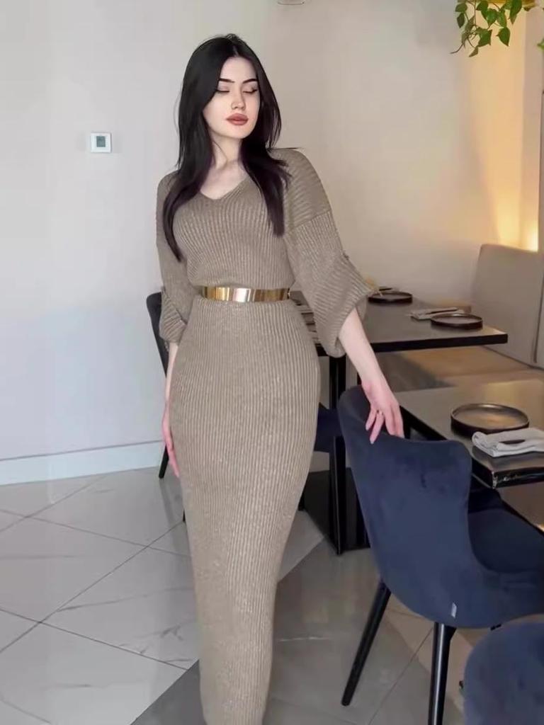 2024 Autumn European & American Women's Solid Color Long Slim Knitted Bodycon Skirt