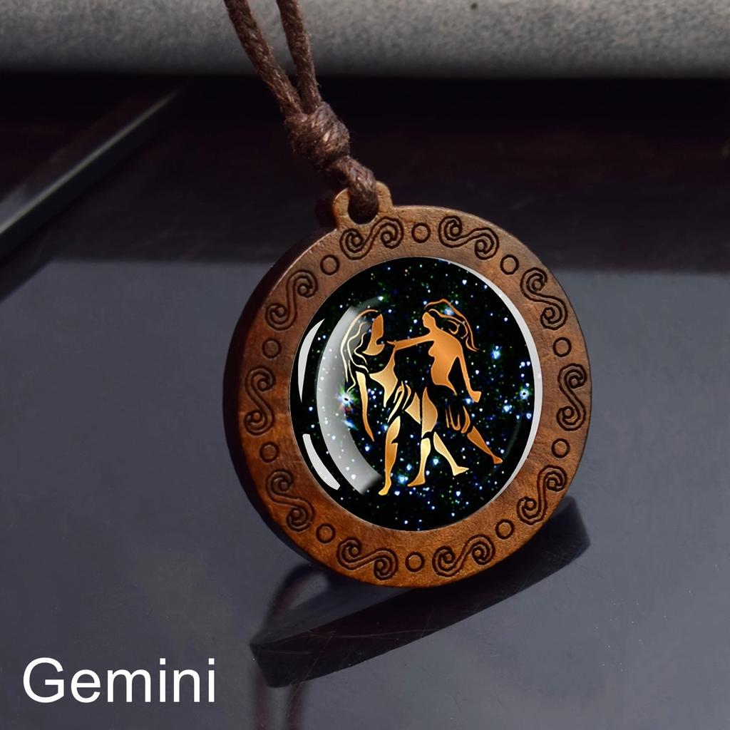 Halskette mit 12 Sternzeichen, Seilkette, Widder, Stier, Zwillinge, Krebs, Löwe, Jungfrau, Waage, Skorpion, Sternbild-Halskette, Holzanhänger