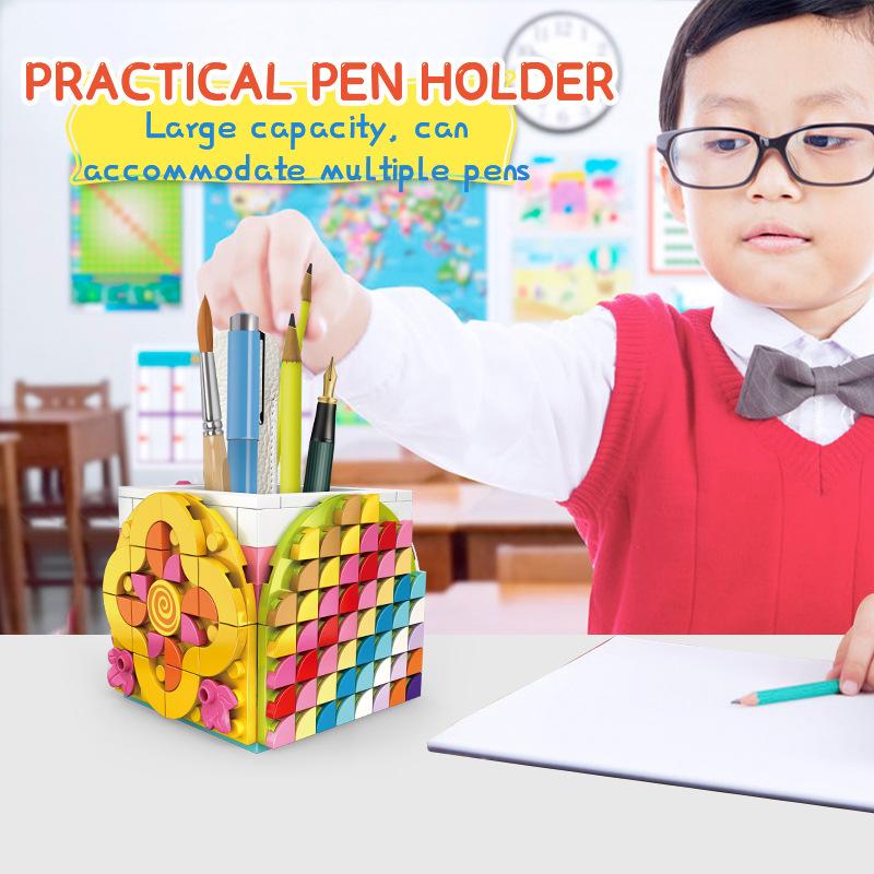 School Season Rainbow Pen Holder Cartoon Building Block Pen Holder Children Diy Small Particles Assembled Girl Gift Ornament