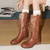 Cowhide version~ Retro embroidered bow-tie western cowboy boots women's V-buckle versatile and thin thick heel fashion boots
