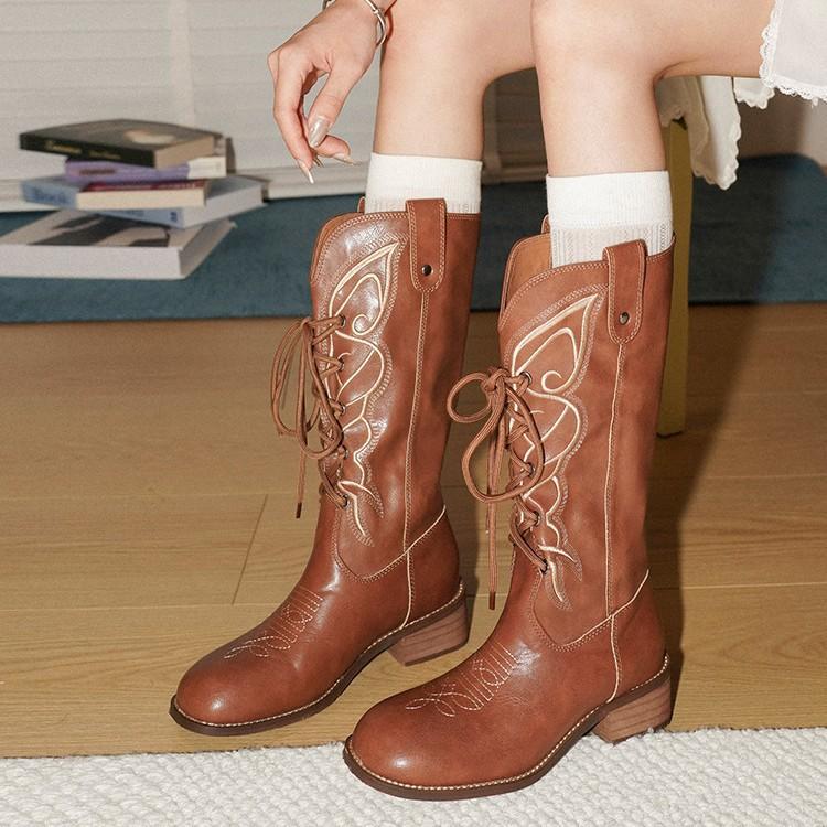 Cowhide version~ Retro embroidered bow-tie western cowboy boots women's V-buckle versatile and thin thick heel fashion boots