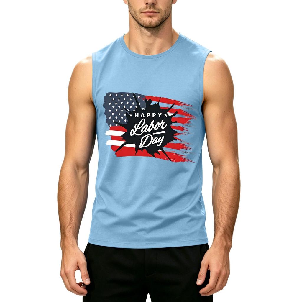 Men's Sleeveless Casual Tank Top Labor Day Printed Muscle Shirt Crew Neck Summer Workout Tee
