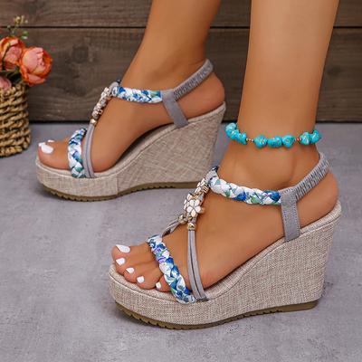 Gemischte Farben Gewebte Spaghettiträger Dicke Plateausandalen Damen Sommer Superhohe Absätze Sandalen Outdoor Strand Rutschfeste Sandalen