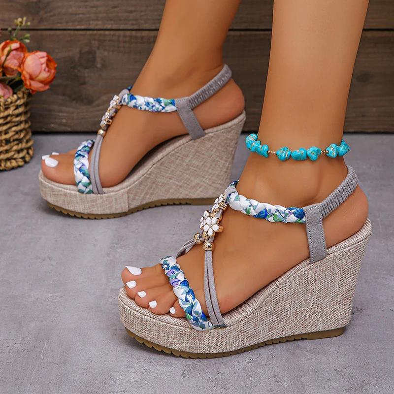 Fashion Mixed Colours Woven Spaghetti Straps Thick Platform Sandals Womens Summer Super High Heel Sandels Outdoor Beach Non-Slip Sandals